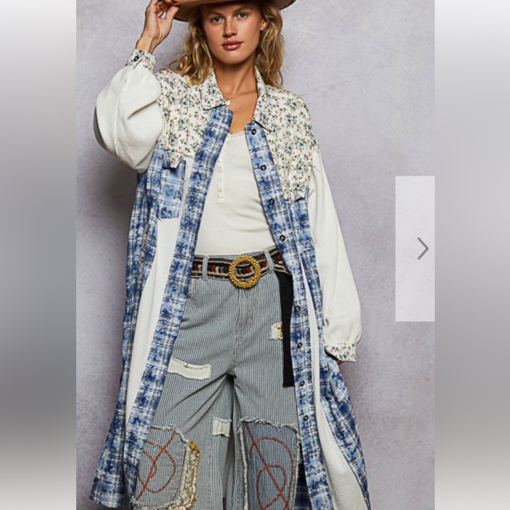 POL balloon sleeves mixed patterns Blue and White Plaid & thermalOversized